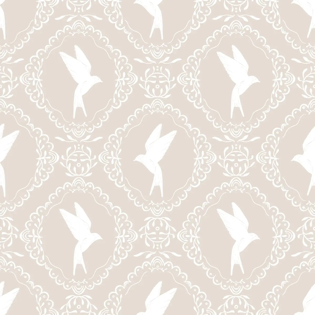 Betty Wallpaper - Birds in Frames - by Zanet from Wonderland - Sample 1 foot by 1 foot / Cream - Loomwell Home Goods
