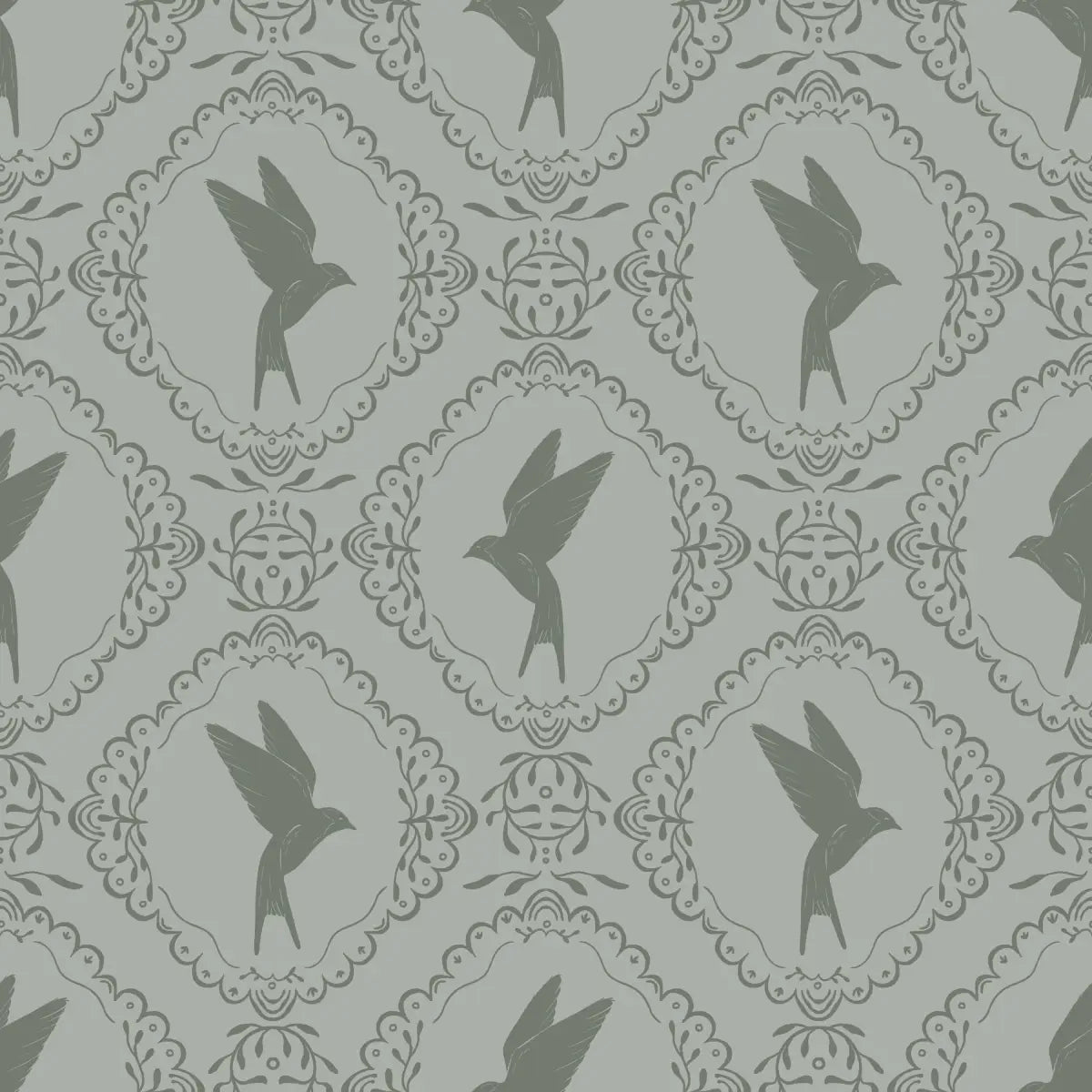 Betty Wallpaper - Birds in Frames - by Zanet from Wonderland - Sample 1 foot by 1 foot / Dark Sage - Loomwell Home Goods