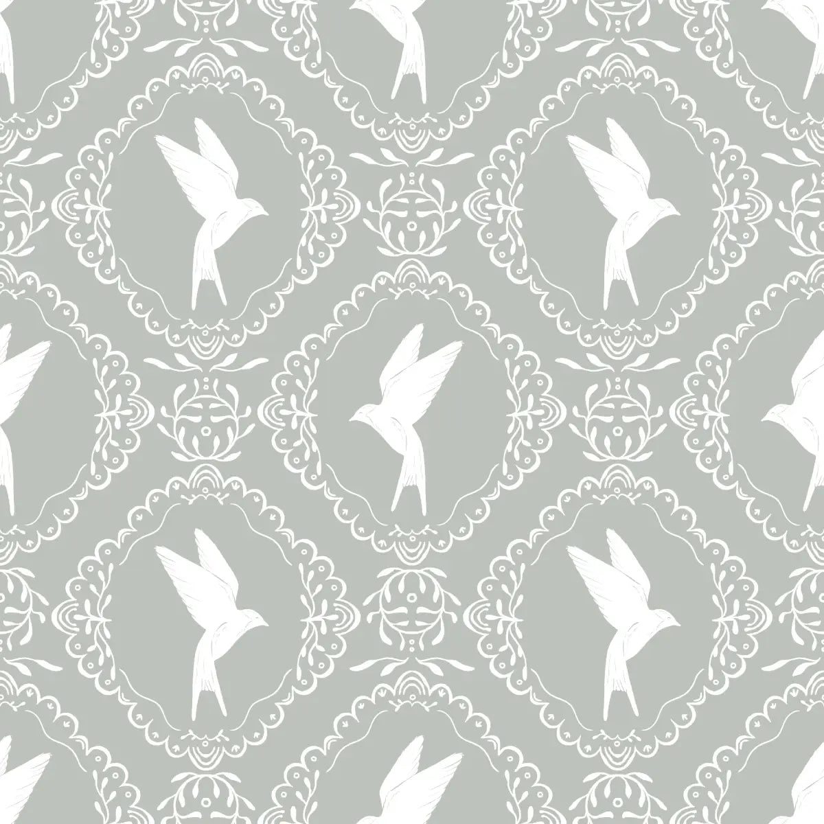 Betty Wallpaper - Birds in Frames - by Zanet from Wonderland - Sample 1 foot by 1 foot / Sage - Loomwell Home Goods