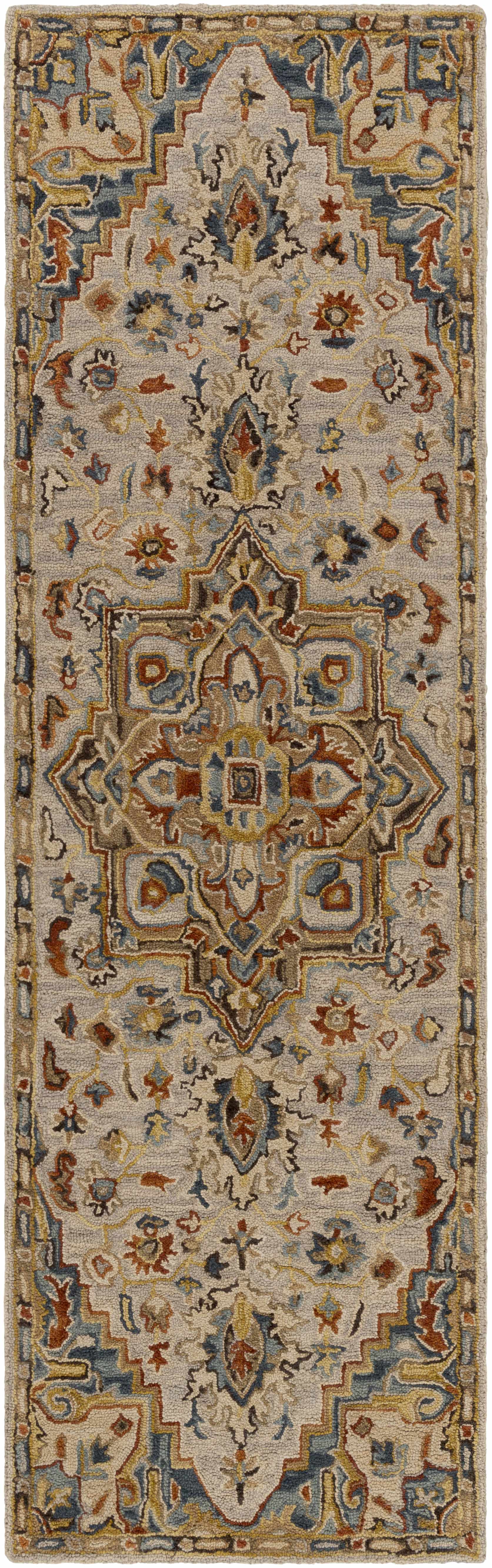 Blue Brown Traditional Medallion Wool Rug - 2’6’’ x 8’ Runner - Boutique Rugs