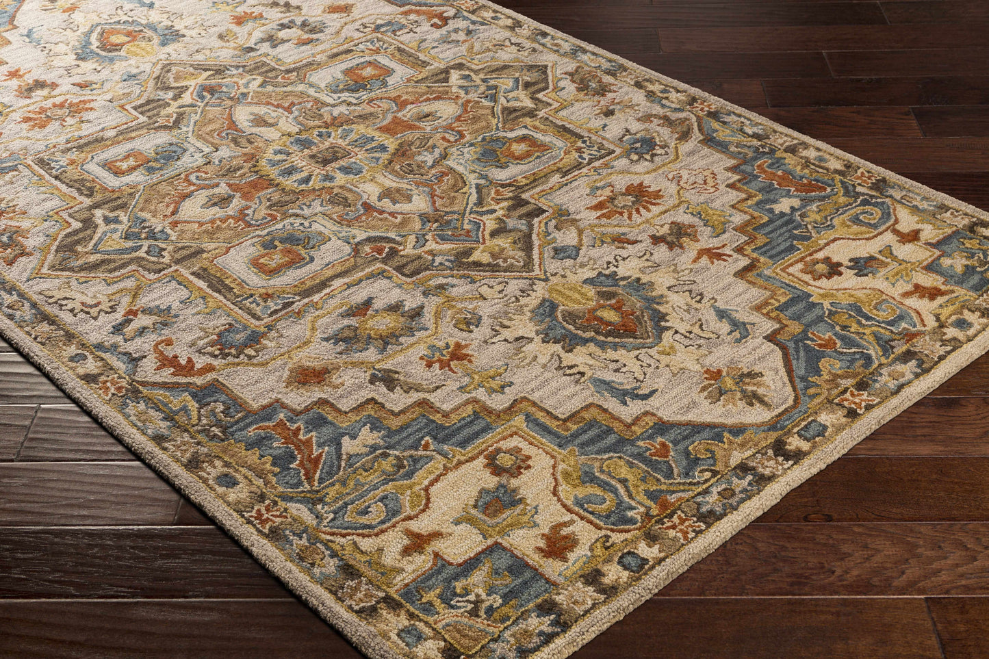 Blue Brown Traditional Medallion Wool Rug - Boutique Rugs