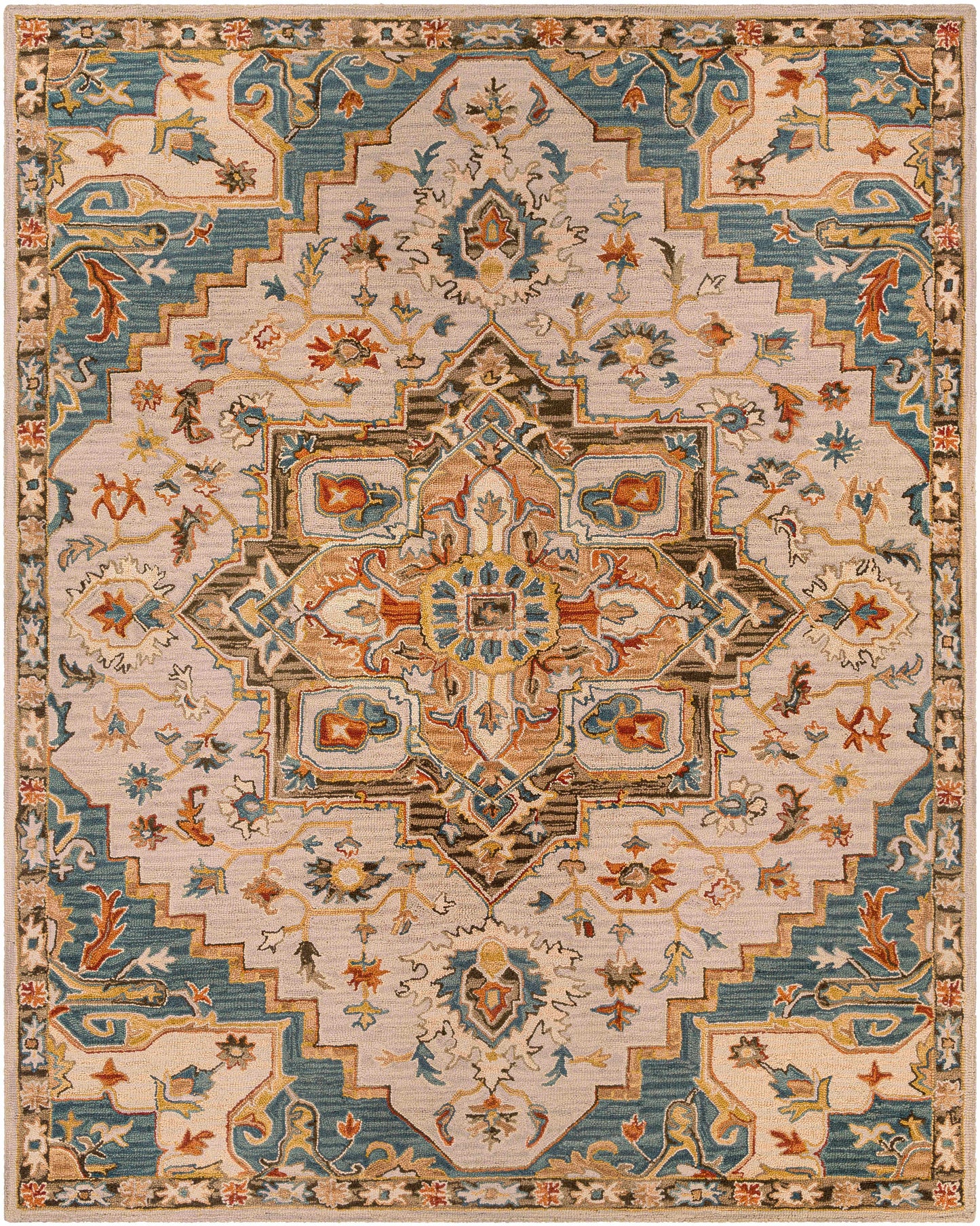 Blue Brown Traditional Medallion Wool Rug - 8’ x 10’ Rectangle - Boutique Rugs