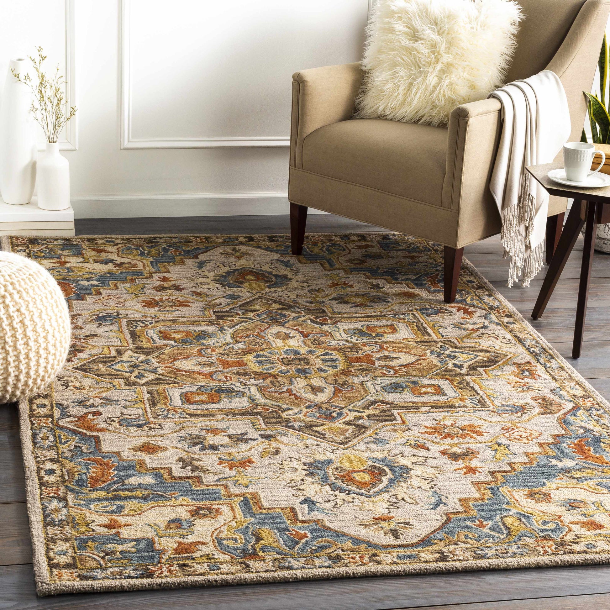Blue Brown Traditional Medallion Wool Rug - Boutique Rugs