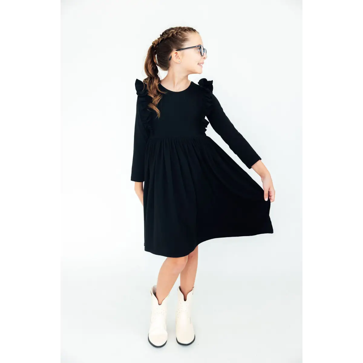 Black L/S Ruffle Twirl Dress - Mila & Rose ®