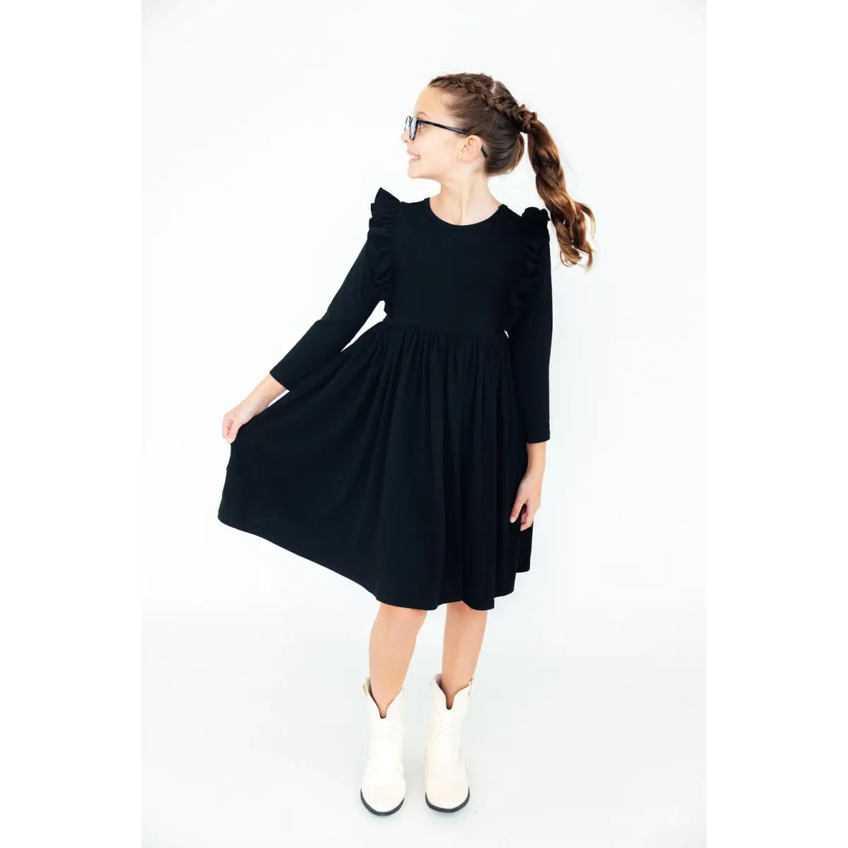 Black L/S Ruffle Twirl Dress - Mila & Rose ®