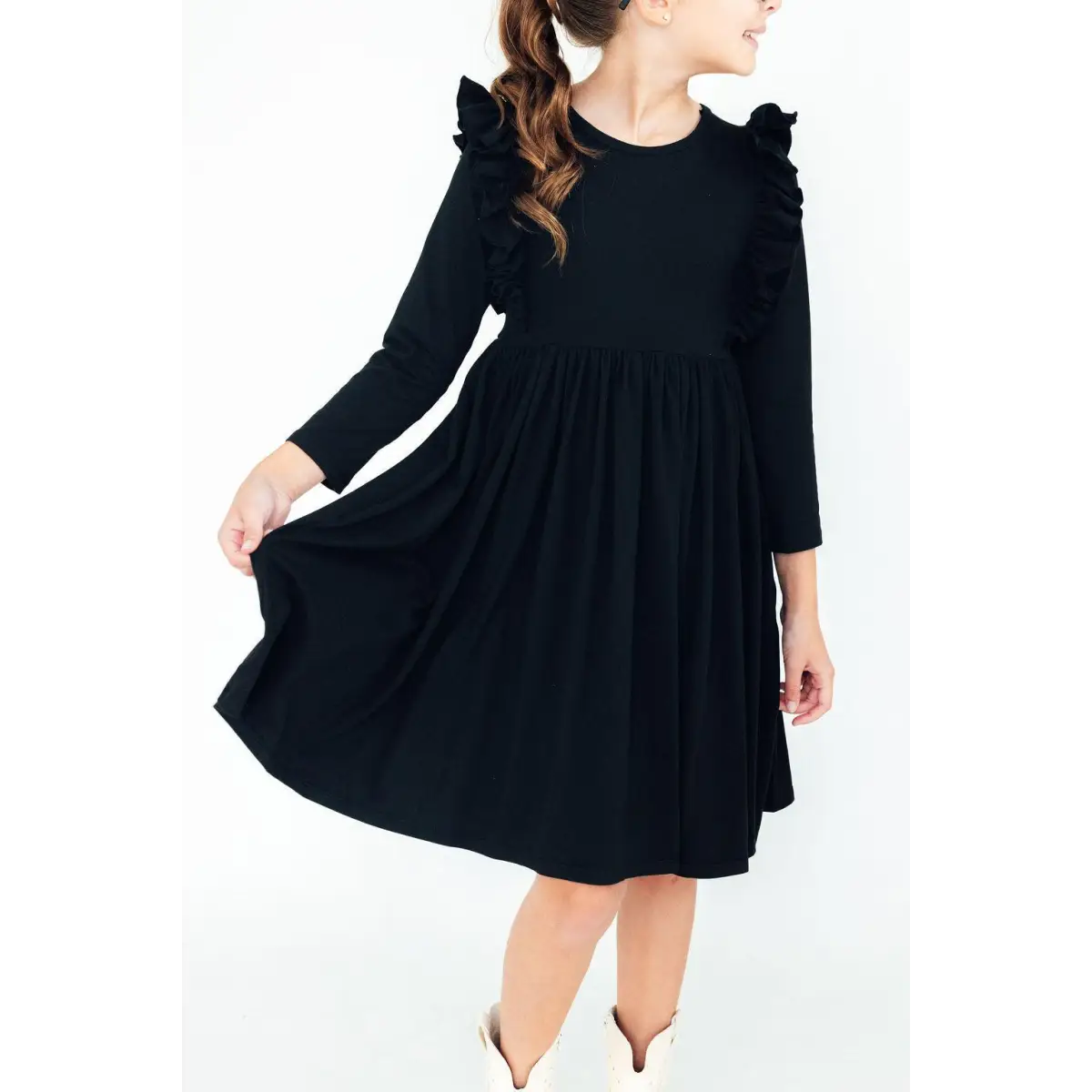 Black L/S Ruffle Twirl Dress - Mila & Rose ®