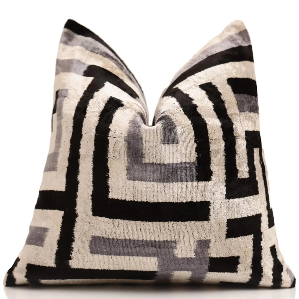 Black & Silver Maze Silk Velvet Pillow 16x16 Handmade Luxury Cushion - Canvello