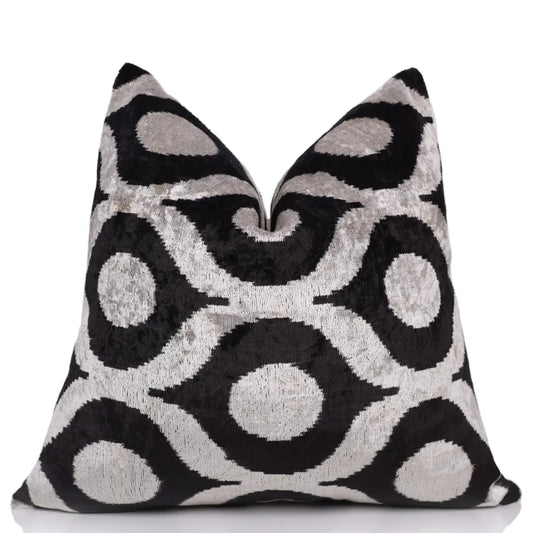 Black Silver Silk Velvet Pillow – 20x20 Handmade Modern Ikat Cushion - Canvello