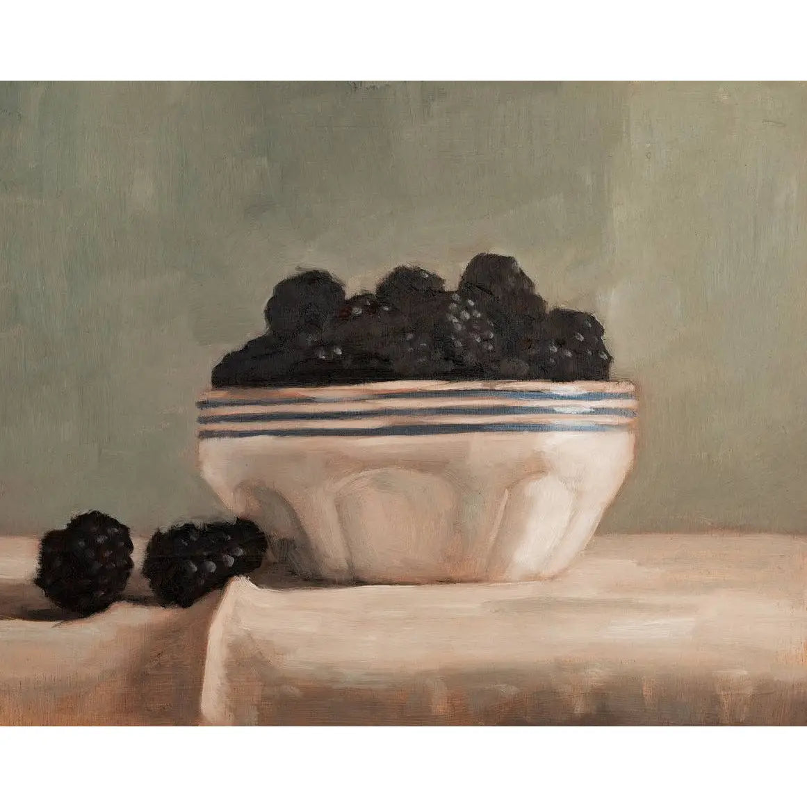 Art Print - Blackberries in a Striped Bowl Painting - 5x7 - Miss Mustard Seed