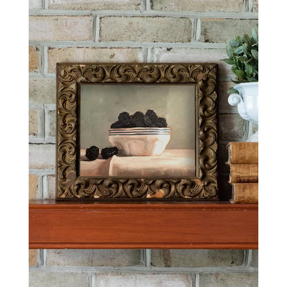 Art Print - Blackberries in a Striped Bowl Painting - 5x7 - Miss Mustard Seed