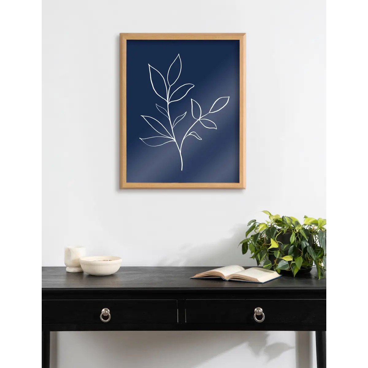 Framed Printed Glass - Modern Blue Botanical Line Sketch Print - kateandlaurel