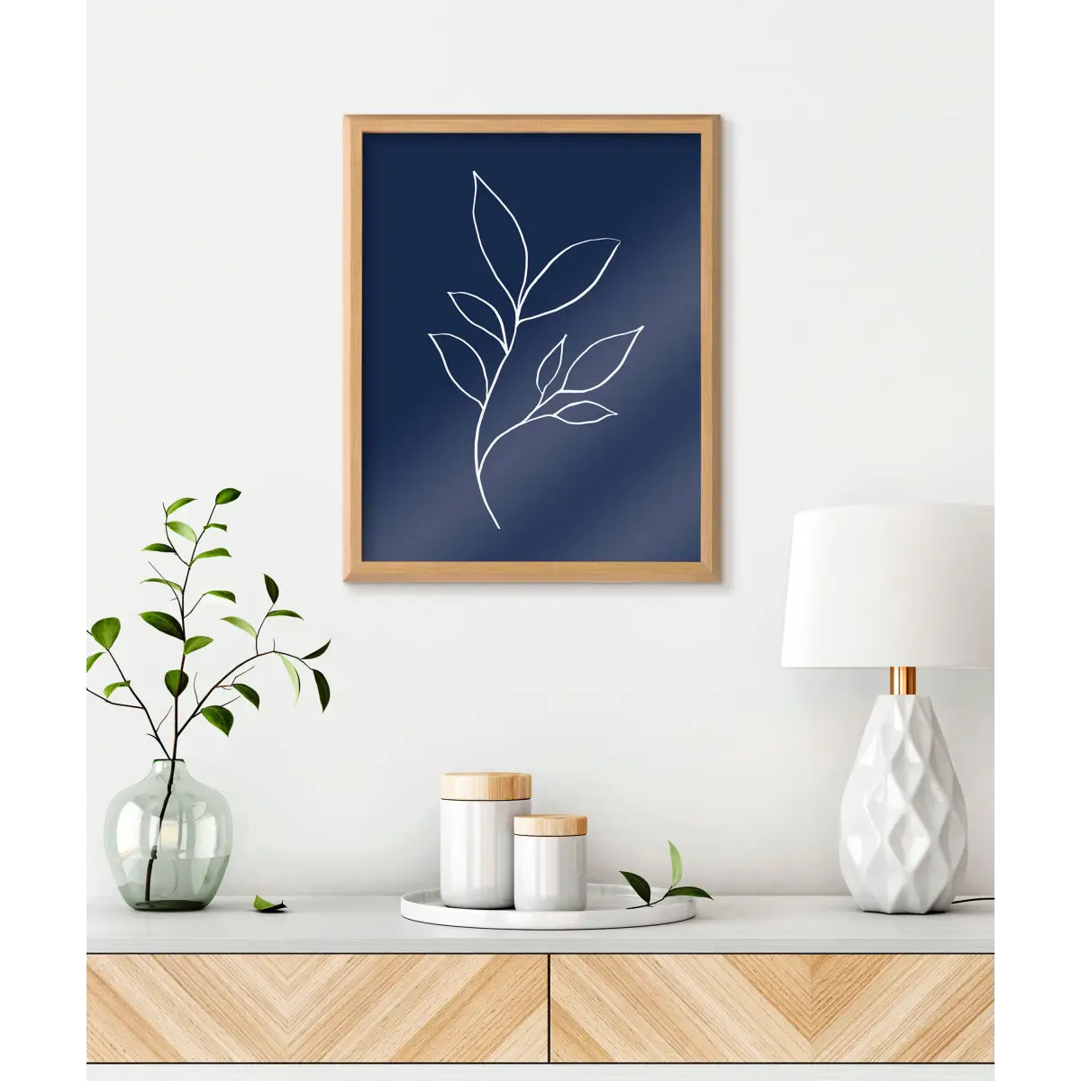 Framed Printed Glass - Modern Blue Botanical Line Sketch Print - kateandlaurel