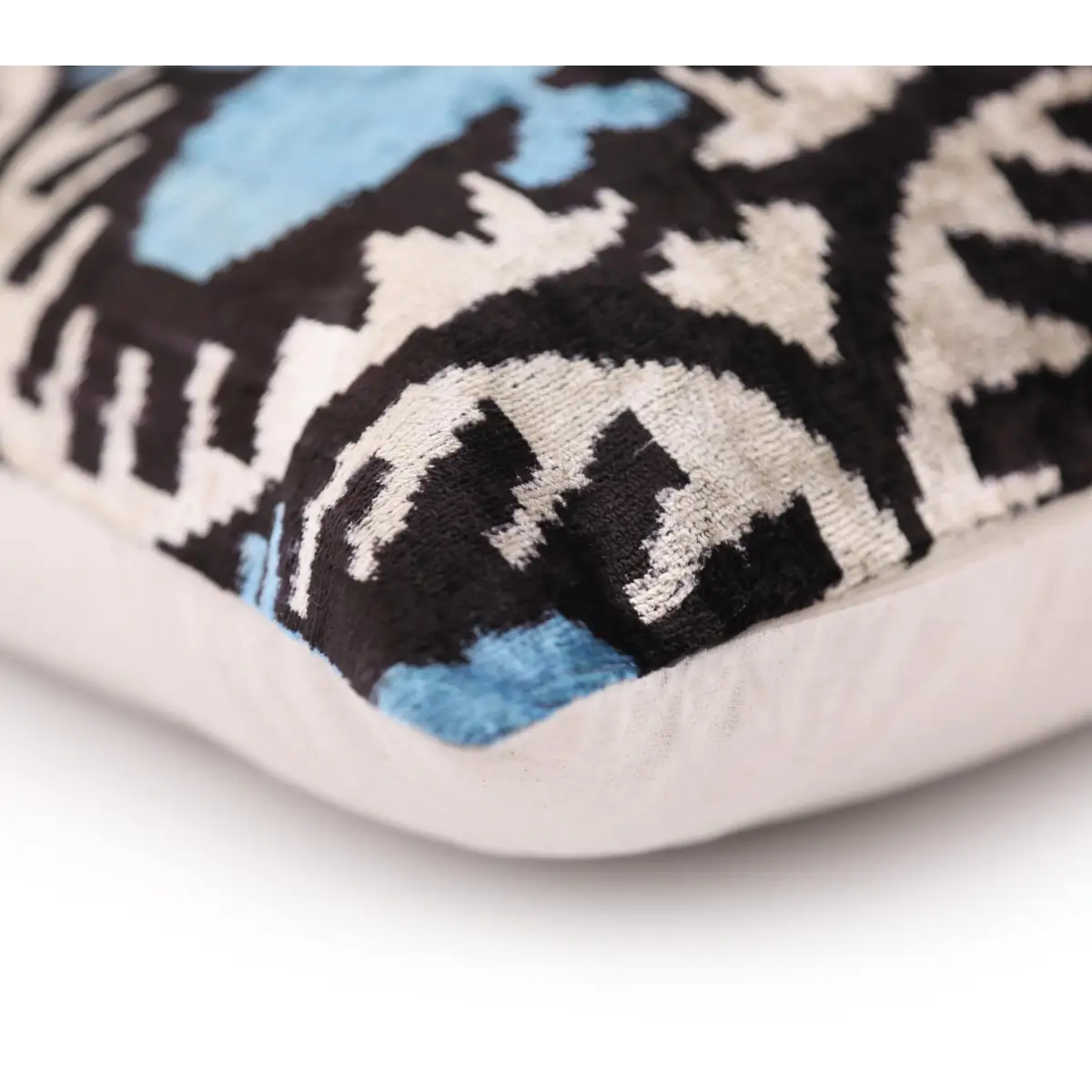 Blue Black Geometric Silk Velvet Pillow – 20x20 Handmade Ikat Throw Cushion - Canvello