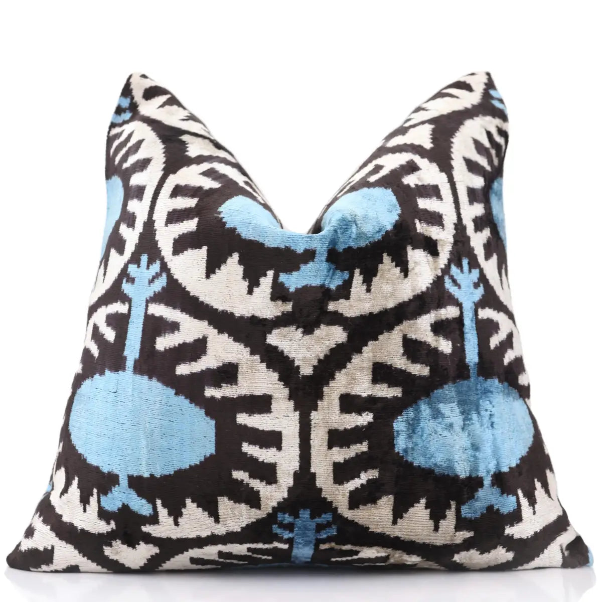 Blue Black Geometric Silk Velvet Pillow – 20x20 Handmade Ikat Throw Cushion - Canvello