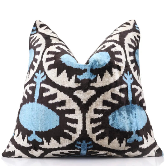 Blue Black Geometric Silk Velvet Pillow – 20x20 Handmade Ikat Throw Cushion - Canvello