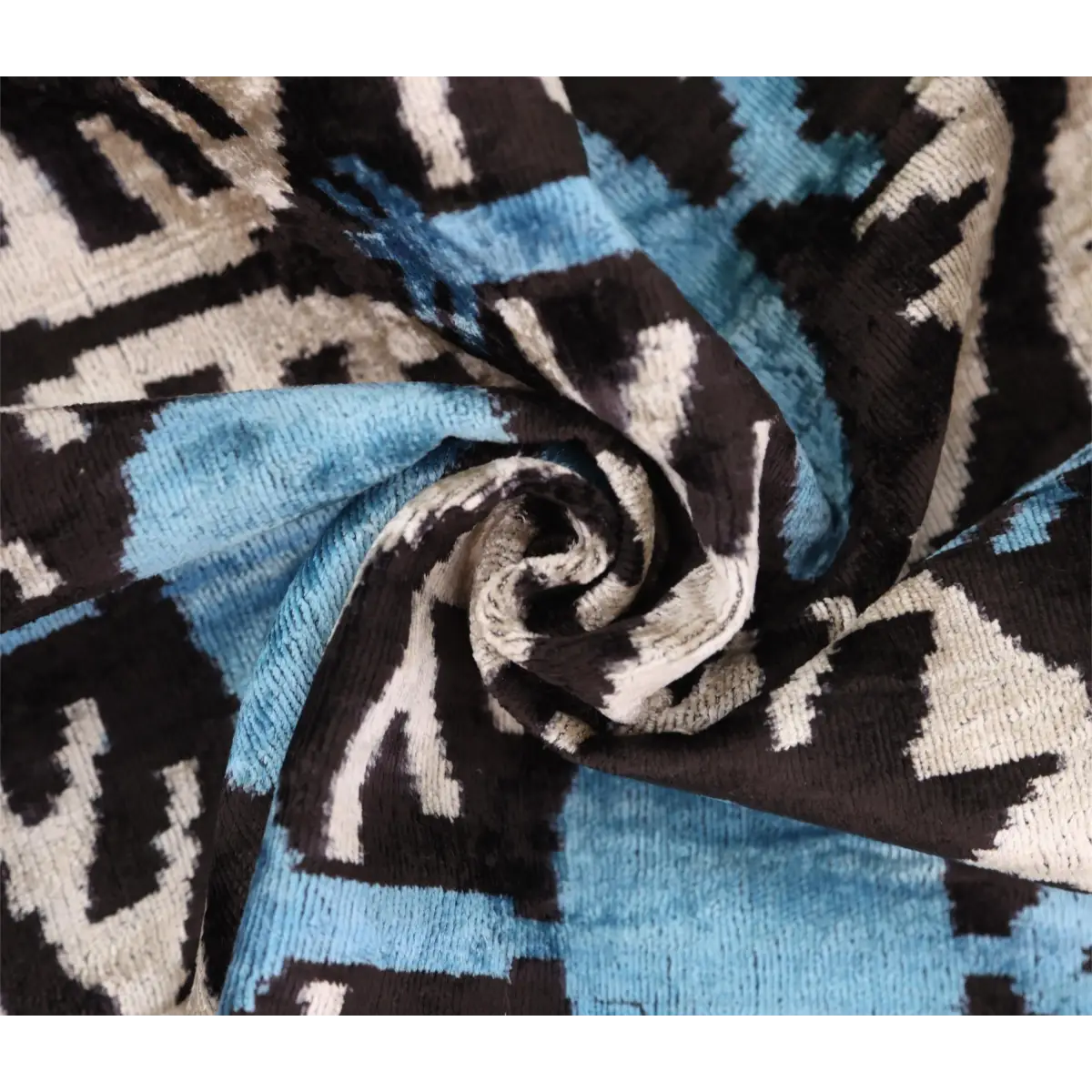 Blue Black Geometric Silk Velvet Pillow – 20x20 Handmade Ikat Throw Cushion - Canvello