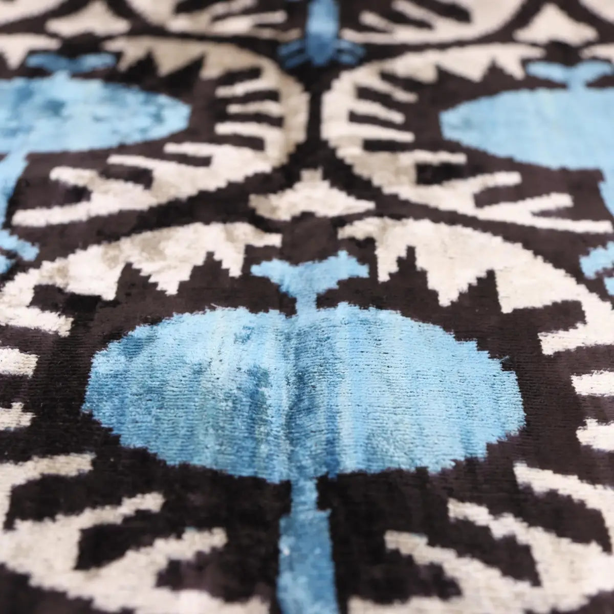 Blue Black Geometric Silk Velvet Pillow – 20x20 Handmade Ikat Throw Cushion - Canvello