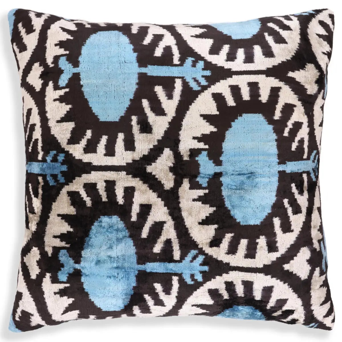 Blue Black Geometric Silk Velvet Pillow – 20x20 Handmade Ikat Throw Cushion - Canvello