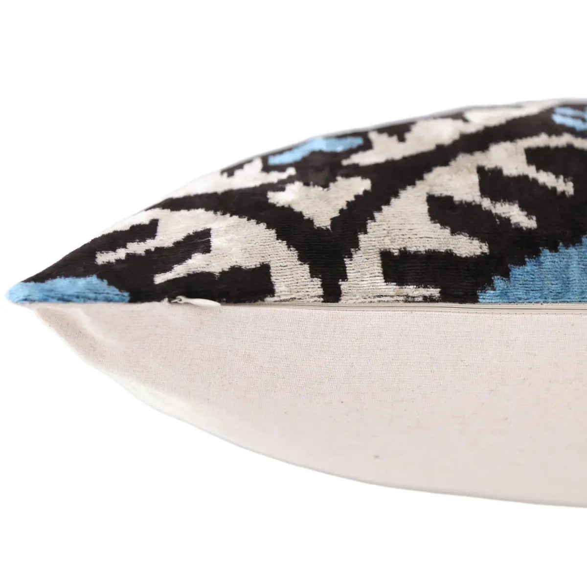 Blue Black Geometric Silk Velvet Pillow – 20x20 Handmade Ikat Throw Cushion - Canvello