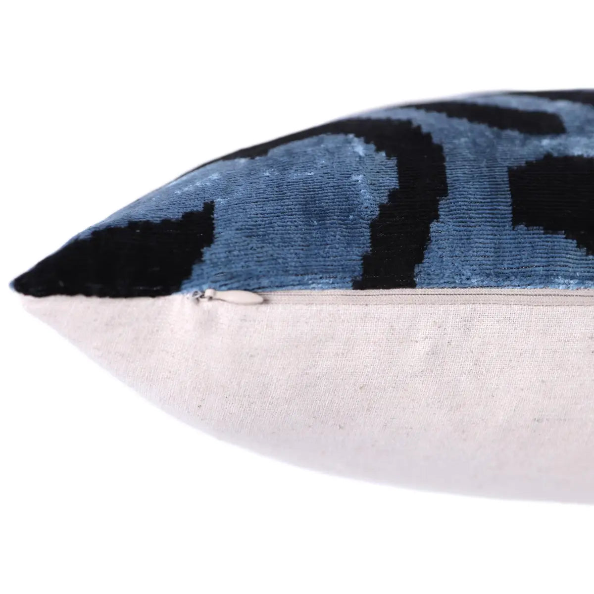 Blue Black Zebra Silk Velvet Pillow – 16x16 Handmade Ikat Cushion - Canvello