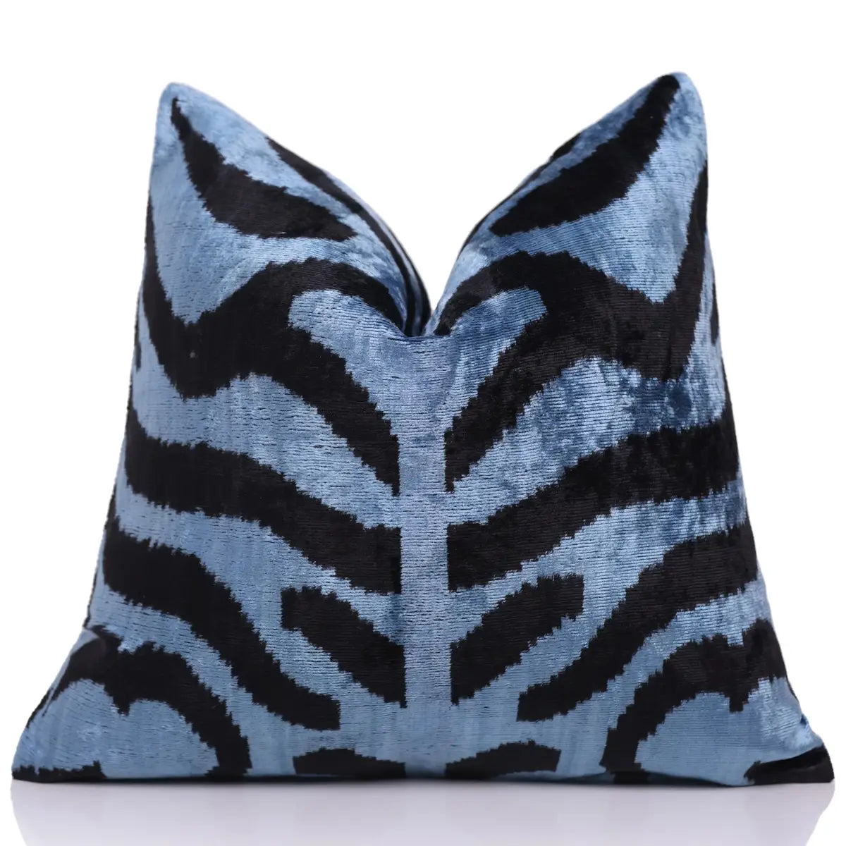 Blue Black Zebra Silk Velvet Pillow – 16x16 Handmade Ikat Cushion - Canvello