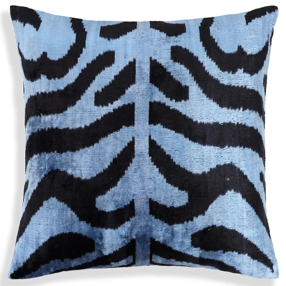 Blue Black Zebra Silk Velvet Pillow – 16x16 Handmade Ikat Cushion - Canvello