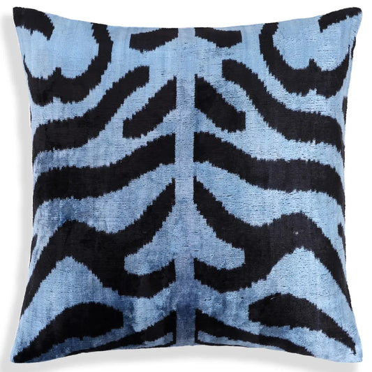 Blue Black Zebra Silk Velvet Pillow – 16x16 Handmade Ikat Cushion - Canvello
