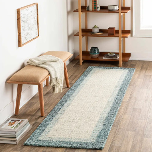 Blue Green Bordered Cream Wool Rug - Boutique Rugs