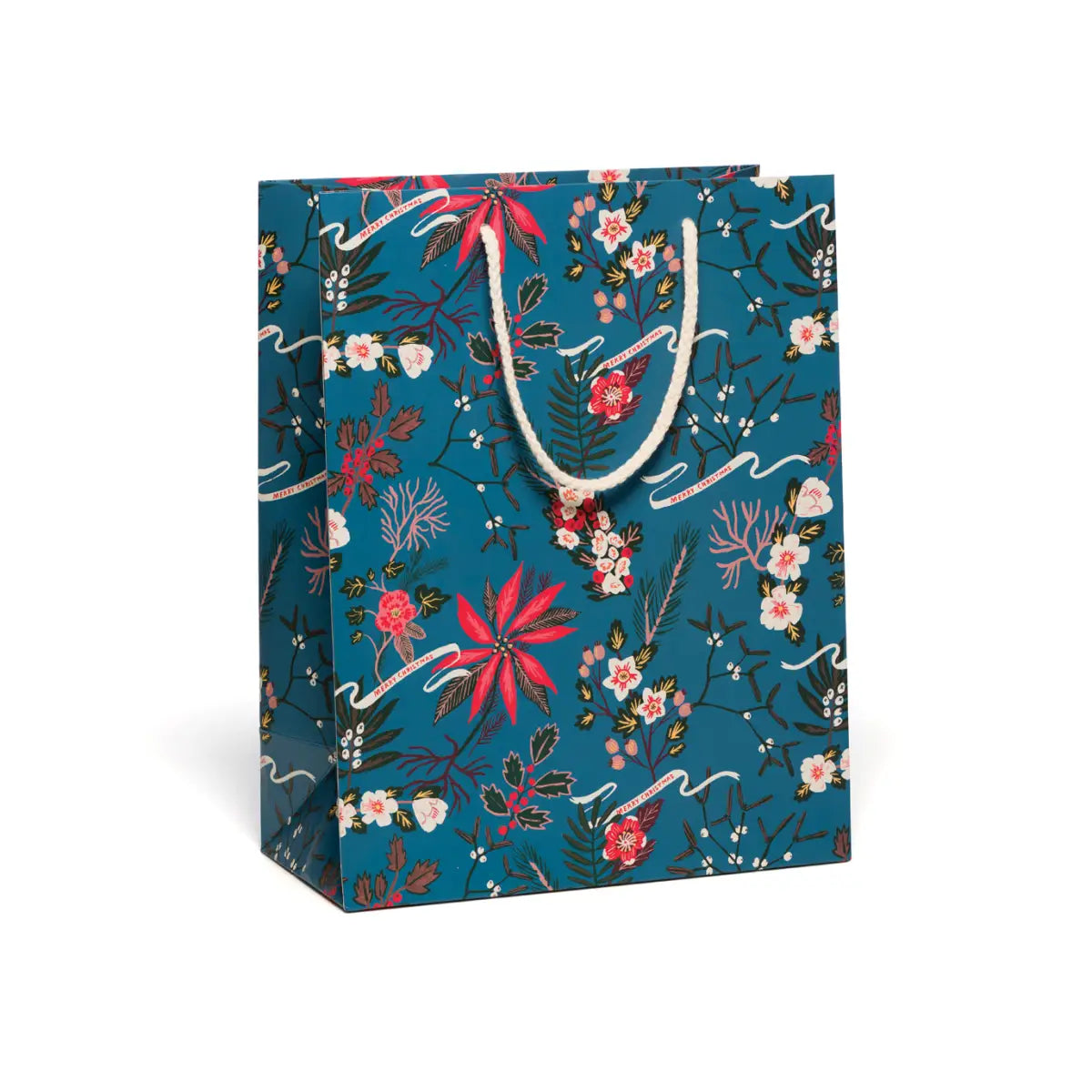 Holiday Gift Bag - Blue Poinsettia - Large - Red Cap Cards