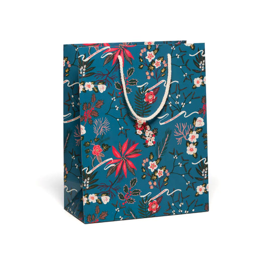 Holiday Gift Bag - Blue Poinsettia - Large - Red Cap Cards