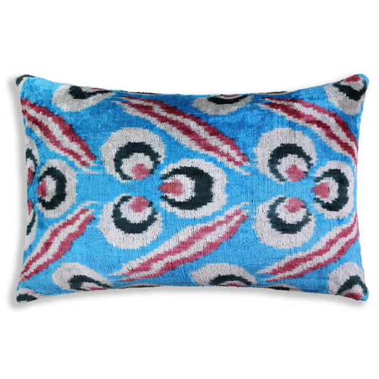 Blue Silk Velvet Ikat Lumbar Pillow 16x24 – Handmade Luxury - Canvello