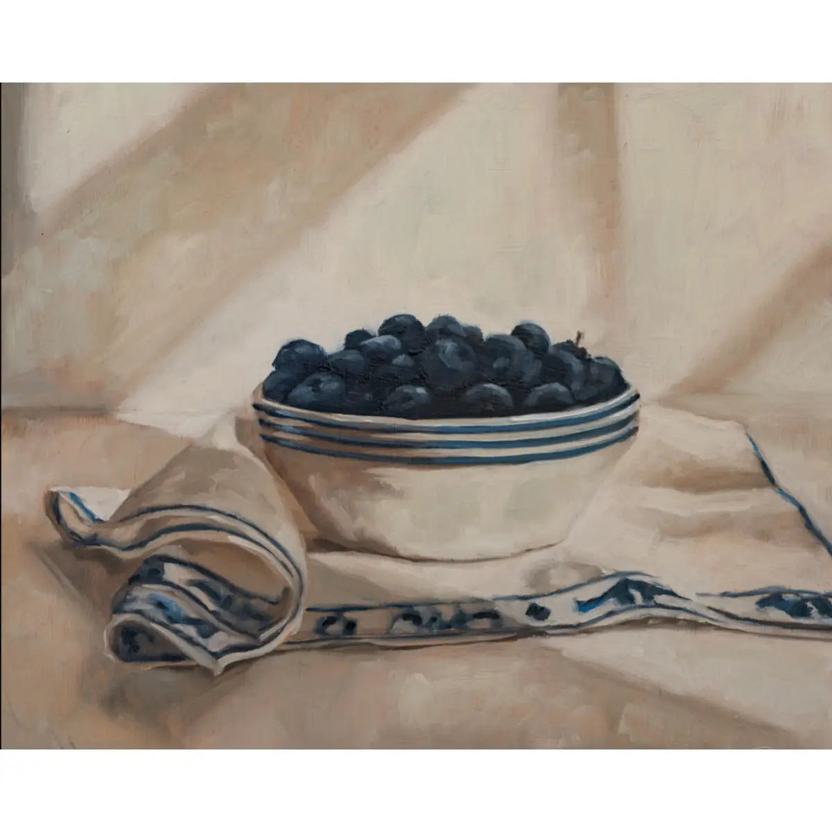 Art Print - Blueberries in a Striped Bowl Painting - 5x7 - Miss Mustard Seed