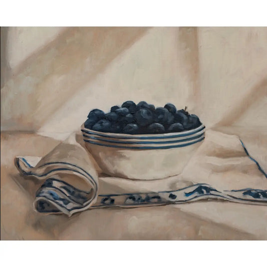 Art Print - Blueberries in a Striped Bowl Painting - 5x7 - Miss Mustard Seed