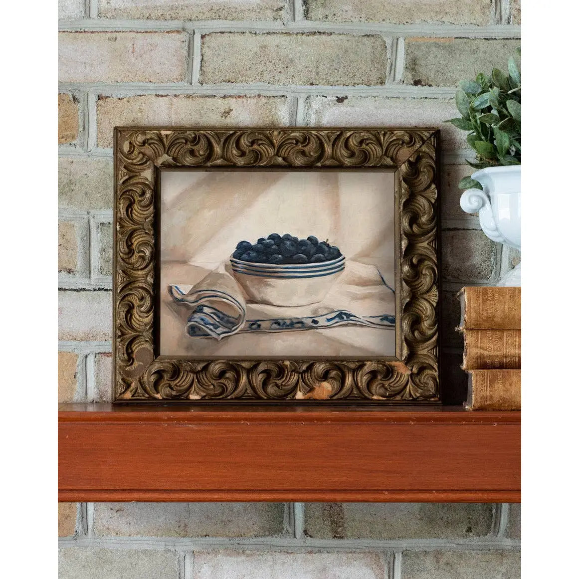 Art Print - Blueberries in a Striped Bowl Painting - 5x7 - Miss Mustard Seed
