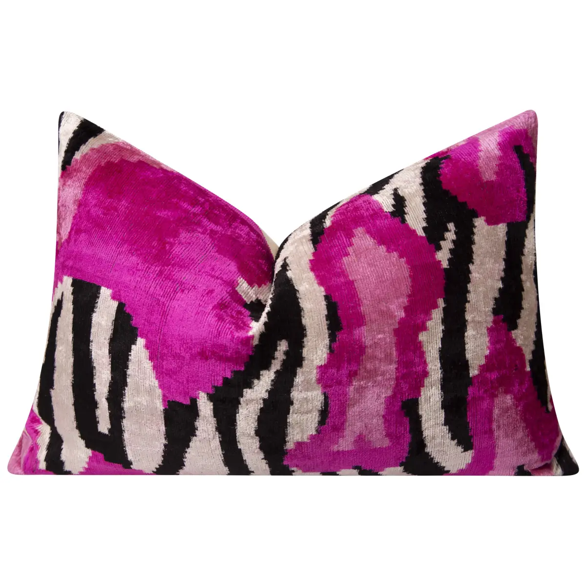 Bold Handmade Silk Velvet Throw Pillow - 16x24 Fuchsia and Black Abstract Animal Print with Down Feather Insert