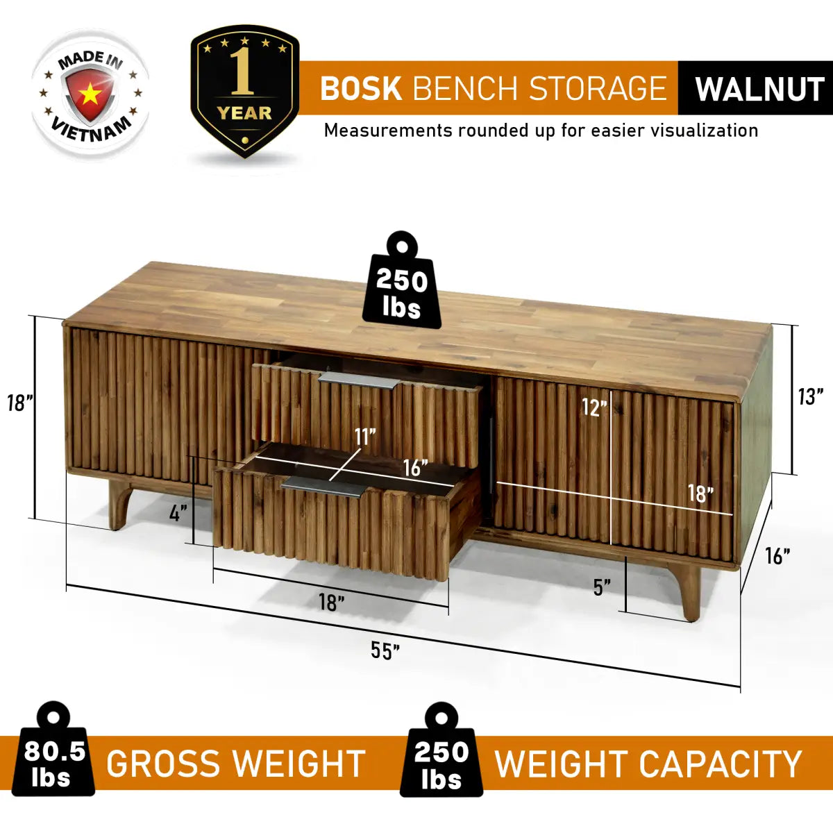 Bosk Solid Wood Storage Bench - Megsu