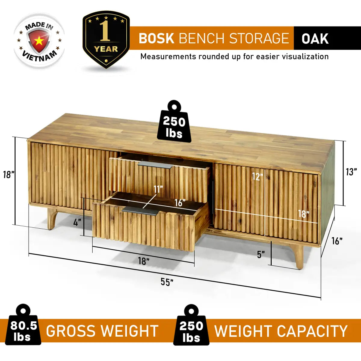Bosk Solid Wood Storage Bench - Megsu