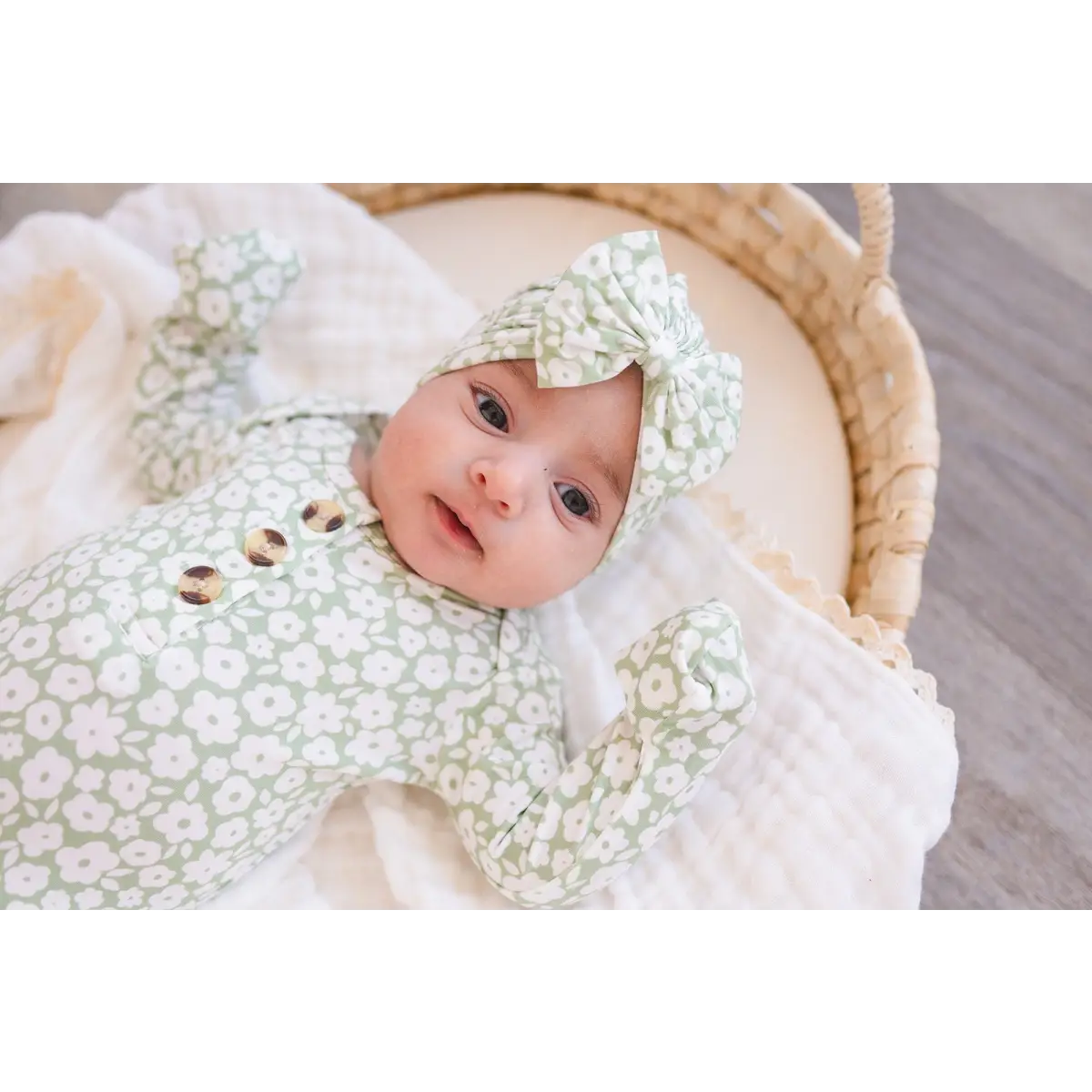Bow Turban Hat - Sage Ditsy Floral - Harp Angel Boutique