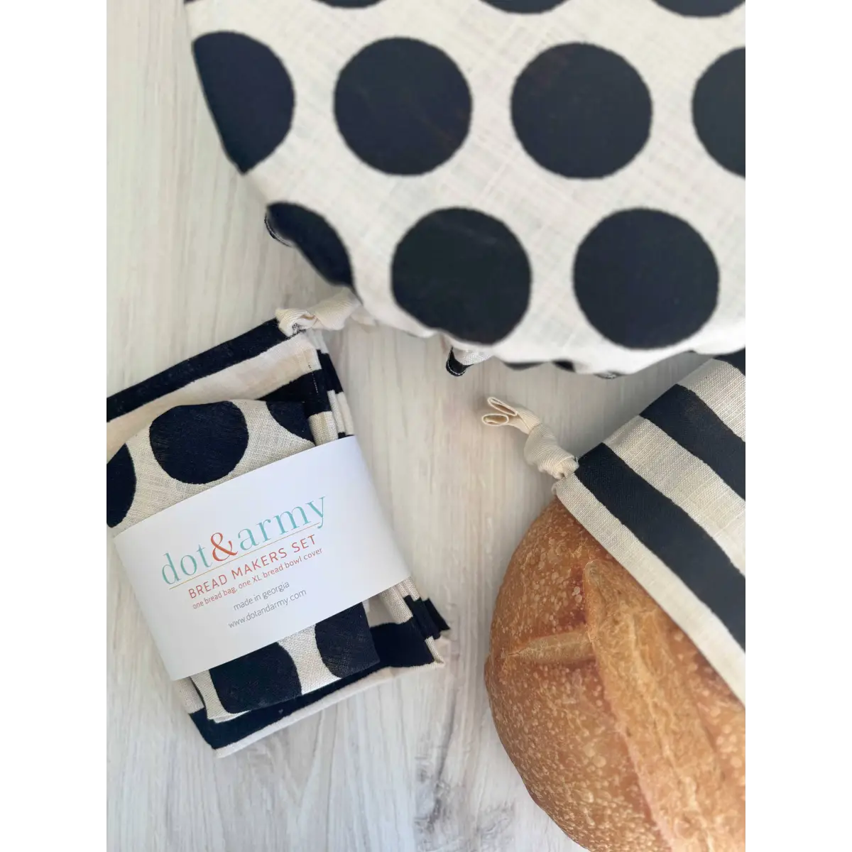 Bread Makers Set - Black Dot and Stripe - Bread Bag and Bowl Cover - Dot and Army