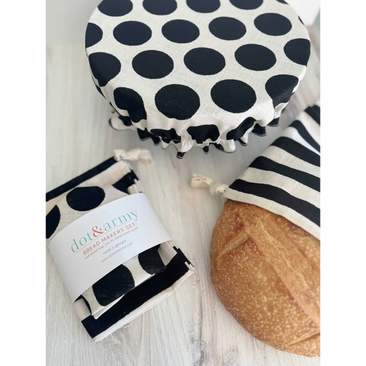 Bread Makers Set - Black Dot and Stripe - Bread Bag and Bowl Cover - Dot and Army