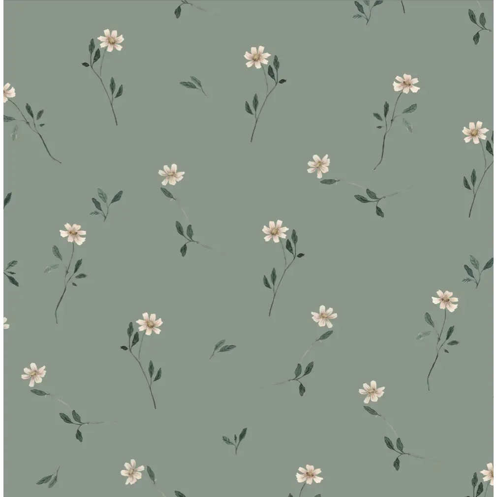 Brigitta Wallpaper - Scattered Blooms - by Emily Cooper Art - Sample 1 foot by 1 foot / Green - Loomwell Home Goods