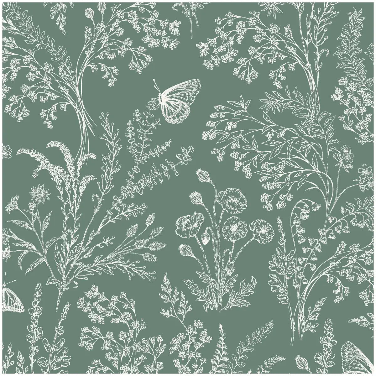 Bronwyn Wallpaper - Butterfly Meadow Flowers - by Anna Black Creative - Sample 1 foot by 1 foot / Green - Loomwell Home