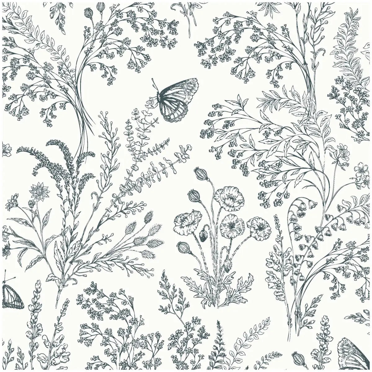 Bronwyn Wallpaper - Butterfly Meadow Flowers - by Anna Black Creative - Sample 1 foot by 1 foot / White and Black