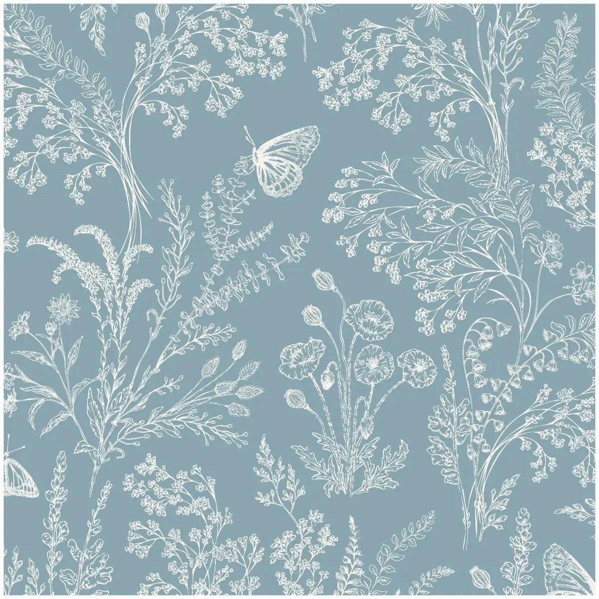 Bronwyn Wallpaper - Butterfly Meadow Flowers - by Anna Black Creative - Sample 1 foot by 1 foot / White and Dark Blue