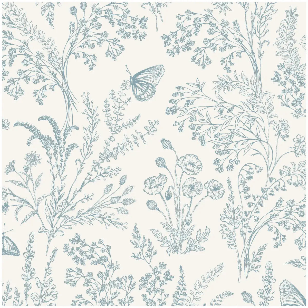 Bronwyn Wallpaper - Butterfly Meadow Flowers - by Anna Black Creative - Sample 1 foot by 1 foot / White and Light Blue