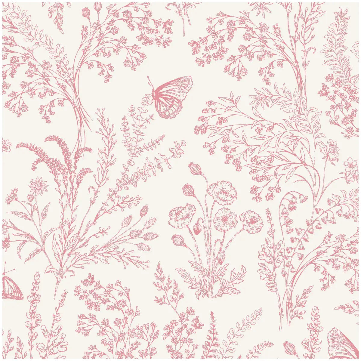 Bronwyn Wallpaper - Butterfly Meadow Flowers - by Anna Black Creative - Sample 1 foot by 1 foot / White and Pink