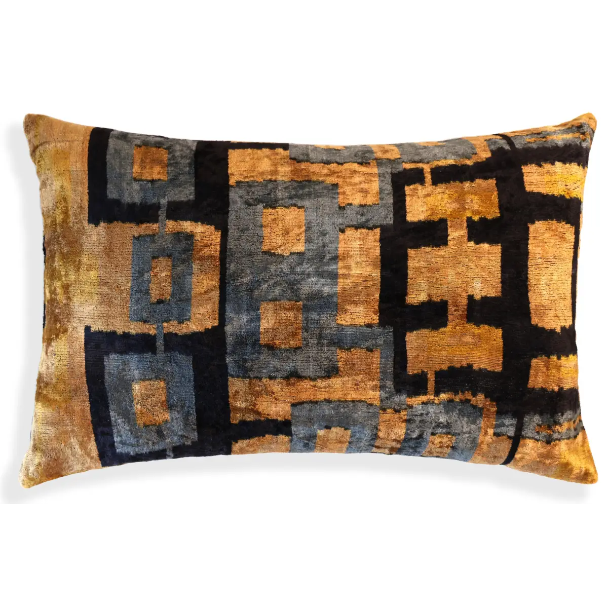 Bronze and Blue Geometric Silk Velvet Pillow 16x24 Handmade Luxury Cushion - Canvello