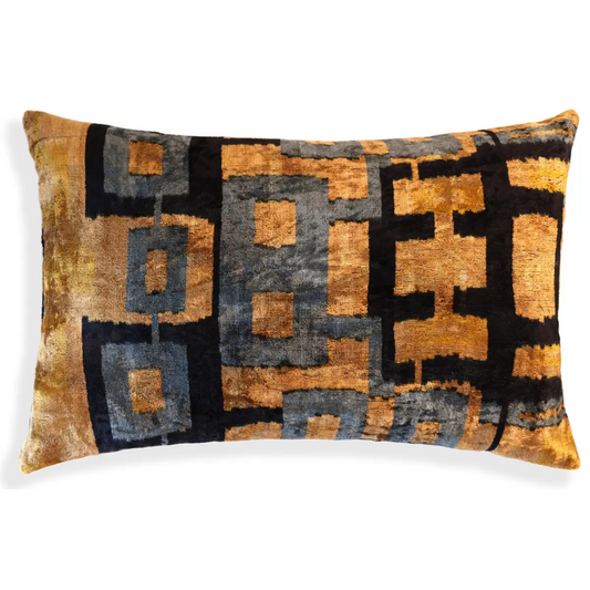 Bronze and Blue Geometric Silk Velvet Pillow 16x24 Handmade Luxury Cushion - Canvello