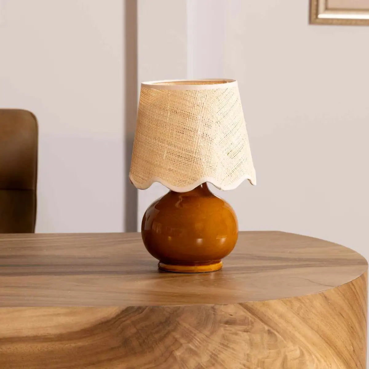 Brown Table Lamp with Scalloped Shade - 13’’H x 8’’W x 8’’D - Boutique Rugs