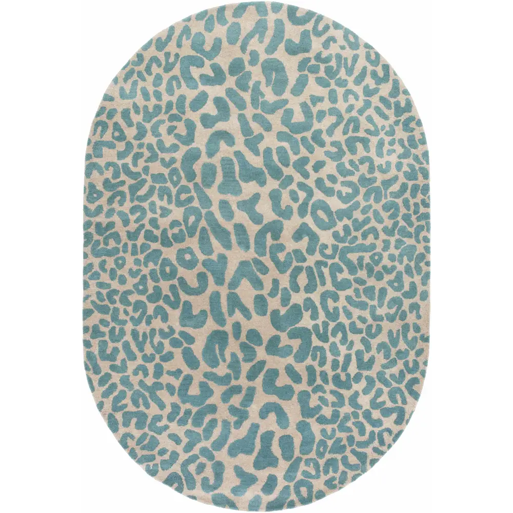 Bue Beige Leopard Print Wool Area Rug - 6’ x 9’ Oval - Boutique Rugs
